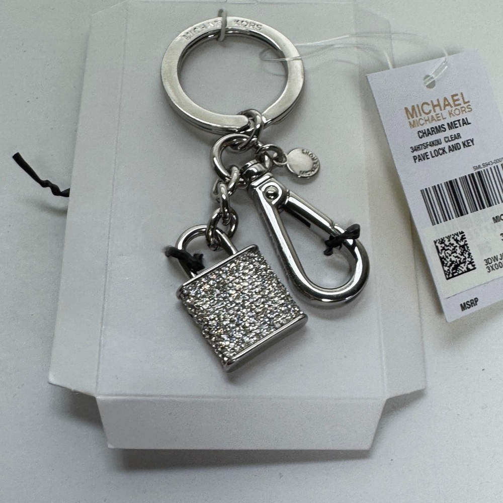 Michael Kors Silver Tone Crystal Lock Key Chain Keychain NEW